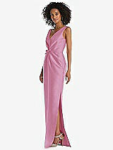 Side View Thumbnail - Powder Pink Pleated Bodice Satin Maxi Pencil Dress with Bow Detail