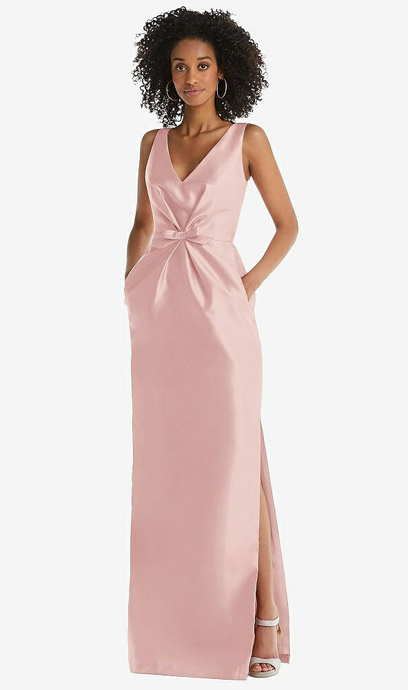 Front View - Rose Pleated Bodice Satin Maxi Pencil Dress with Bow Detail