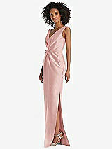 Side View Thumbnail - Rose Pleated Bodice Satin Maxi Pencil Dress with Bow Detail