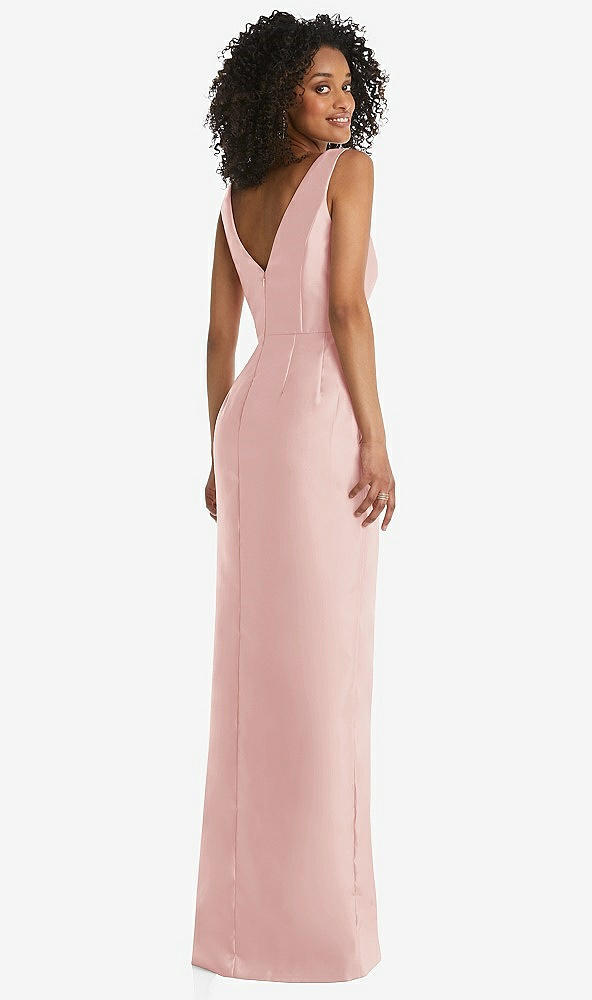 Back View - Rose Pleated Bodice Satin Maxi Pencil Dress with Bow Detail