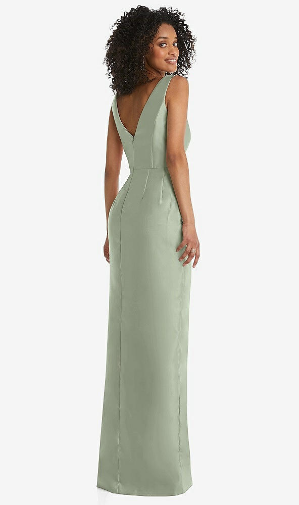 Back View - Sage Pleated Bodice Satin Maxi Pencil Dress with Bow Detail
