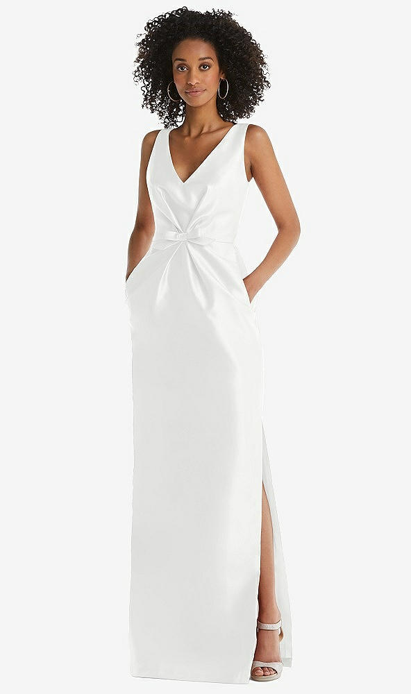 Front View - White Pleated Bodice Satin Maxi Pencil Dress with Bow Detail