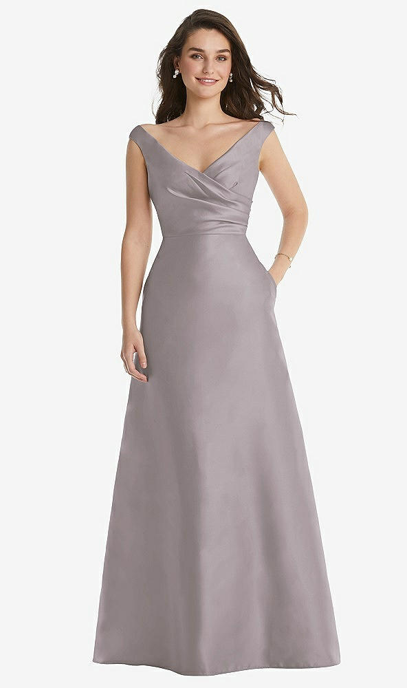 Front View - Cashmere Gray Off-the-Shoulder Draped Wrap Maxi Dress with Pockets