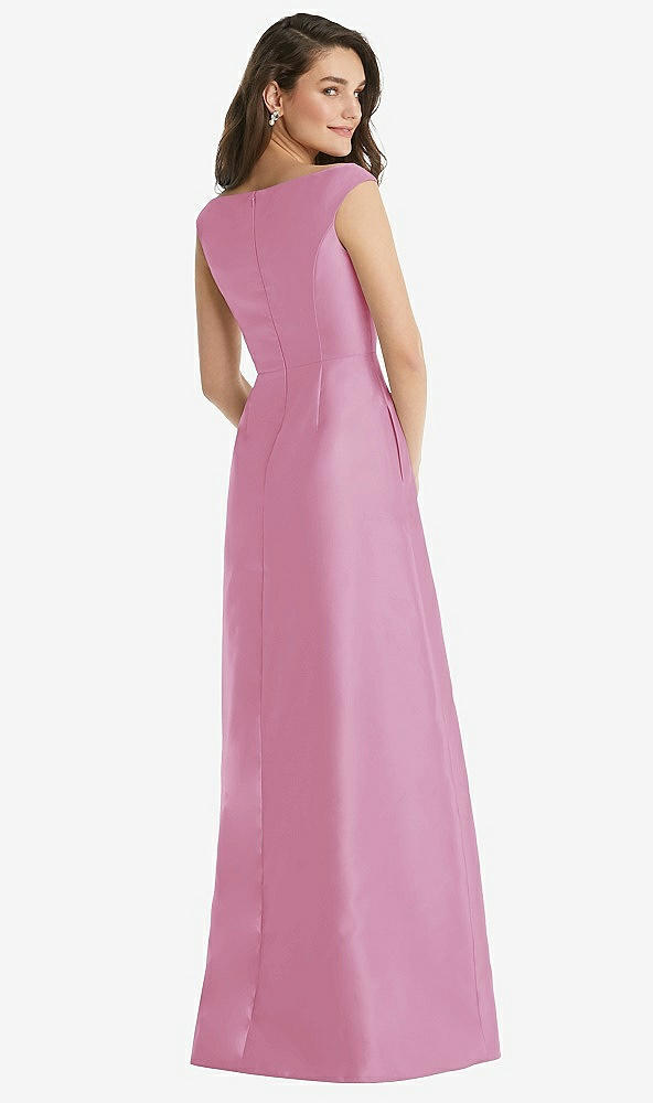 Back View - Powder Pink Off-the-Shoulder Draped Wrap Maxi Dress with Pockets