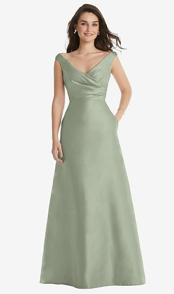 Front View - Sage Off-the-Shoulder Draped Wrap Maxi Dress with Pockets