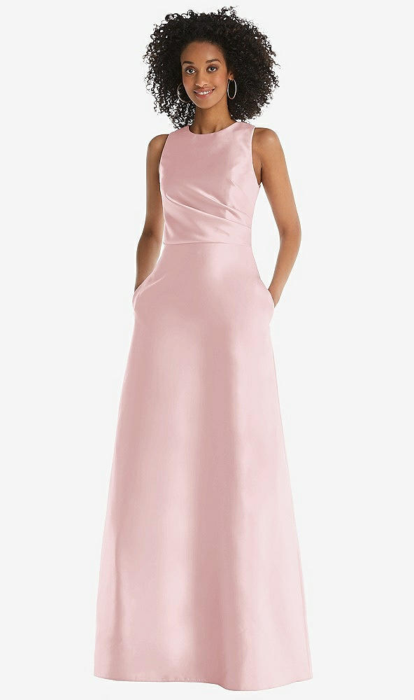 Front View - Ballet Pink Jewel Neck Asymmetrical Shirred Bodice Maxi Dress with Pockets
