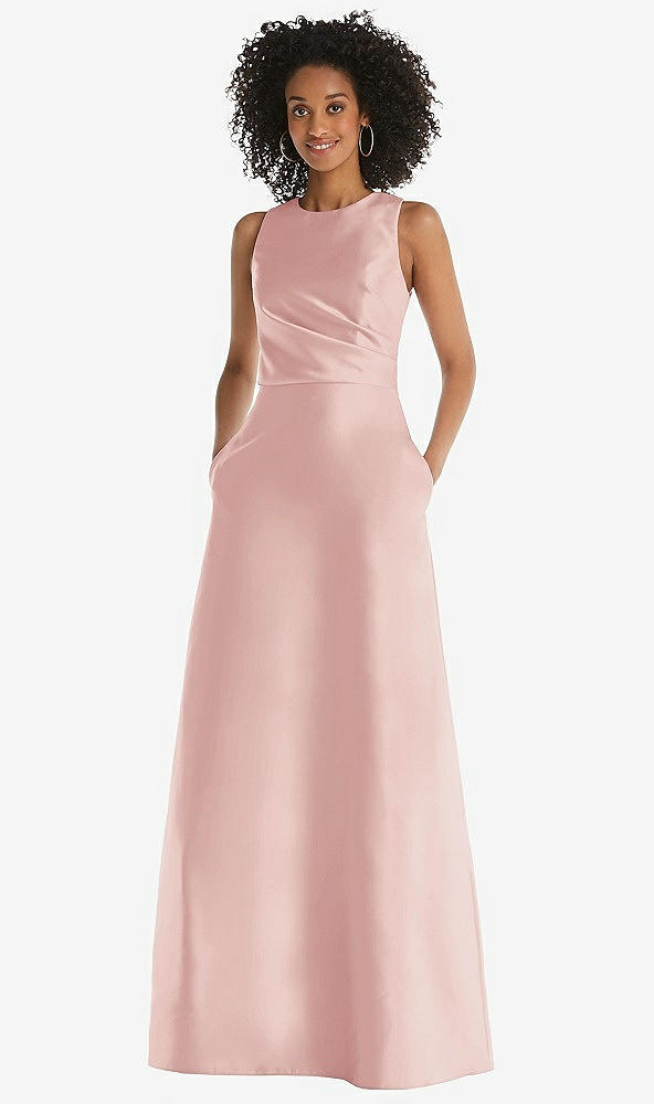 Front View - Rose Jewel Neck Asymmetrical Shirred Bodice Maxi Dress with Pockets