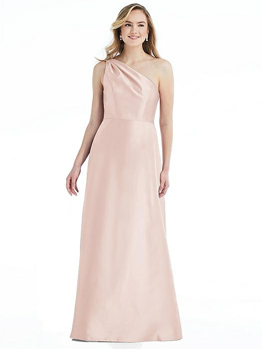 Pleated Draped One-Shoulder Satin Maxi Dress with Pockets