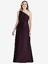 Front View Thumbnail - Deep Plum Pleated Draped One-Shoulder Satin Maxi Dress with Pockets