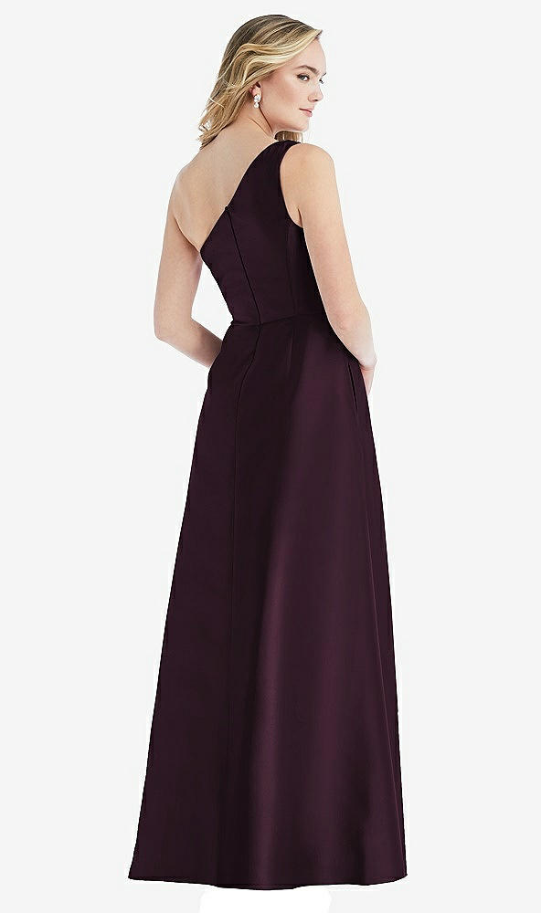Back View - Deep Plum Pleated Draped One-Shoulder Satin Maxi Dress with Pockets