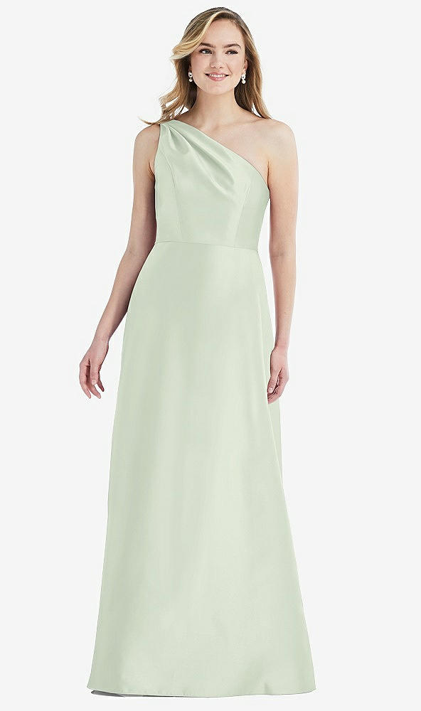 Front View - Mint Green Pleated Draped One-Shoulder Satin Maxi Dress with Pockets