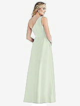 Rear View Thumbnail - Mint Green Pleated Draped One-Shoulder Satin Maxi Dress with Pockets