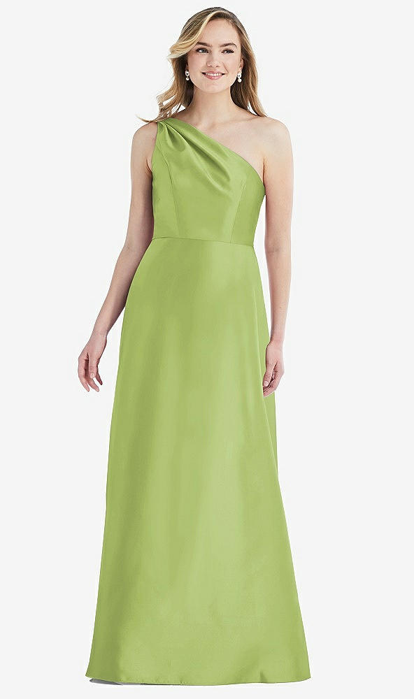 Front View - Mojito Pleated Draped One-Shoulder Satin Maxi Dress with Pockets