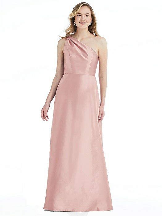 Pleated Draped One-Shoulder Satin Maxi Dress with Pockets