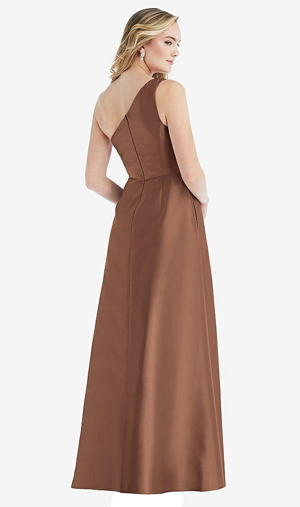 Back View - Cognac Pleated Draped One-Shoulder Satin Maxi Dress with Pockets