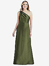 Front View Thumbnail - Olive Green Pleated Draped One-Shoulder Satin Maxi Dress with Pockets