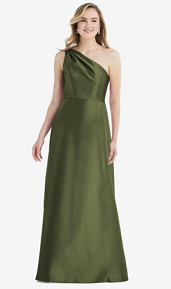 Front View - Olive Green Pleated Draped One-Shoulder Satin Maxi Dress with Pockets