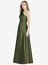 Side View Thumbnail - Olive Green Pleated Draped One-Shoulder Satin Maxi Dress with Pockets