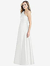 Side View Thumbnail - White Pleated Draped One-Shoulder Satin Maxi Dress with Pockets