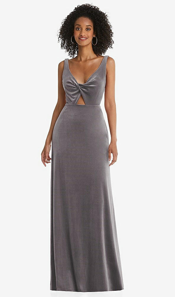 Front View - Caviar Gray Twist Front Cutout Velvet Maxi Dress - Cameron