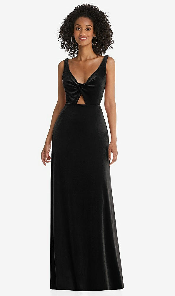 Front View - Black Twist Front Cutout Velvet Maxi Dress - Cameron
