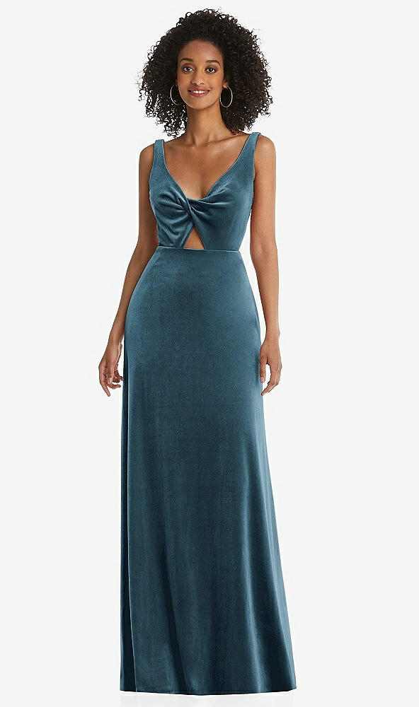 Front View - Dutch Blue Twist Front Cutout Velvet Maxi Dress - Cameron