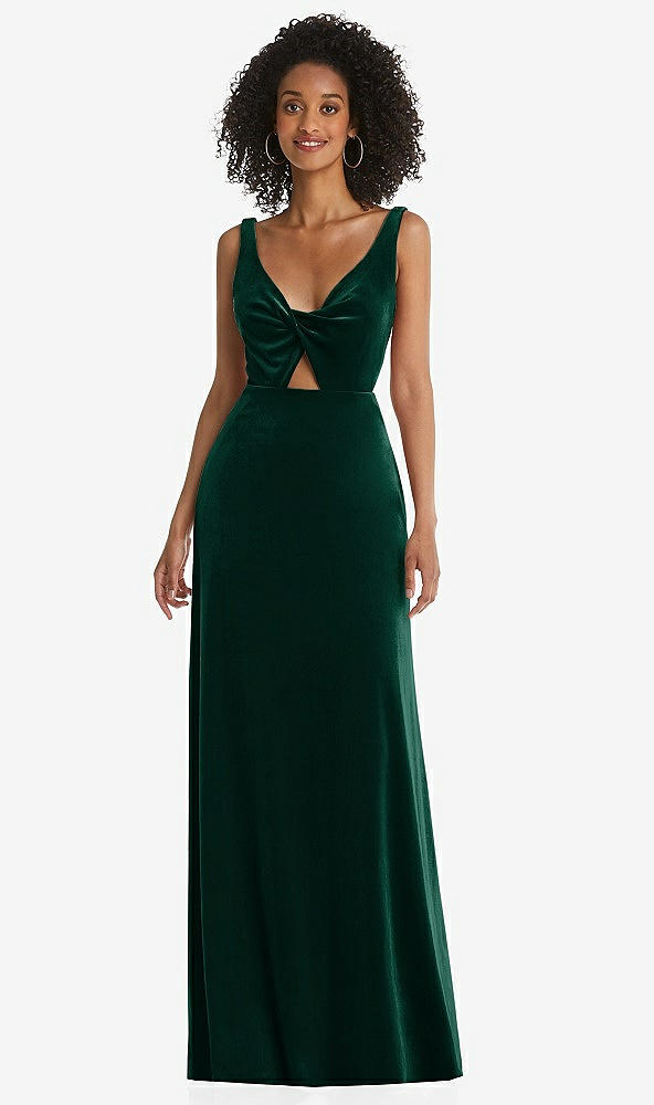 Front View - Evergreen Twist Front Cutout Velvet Maxi Dress - Cameron