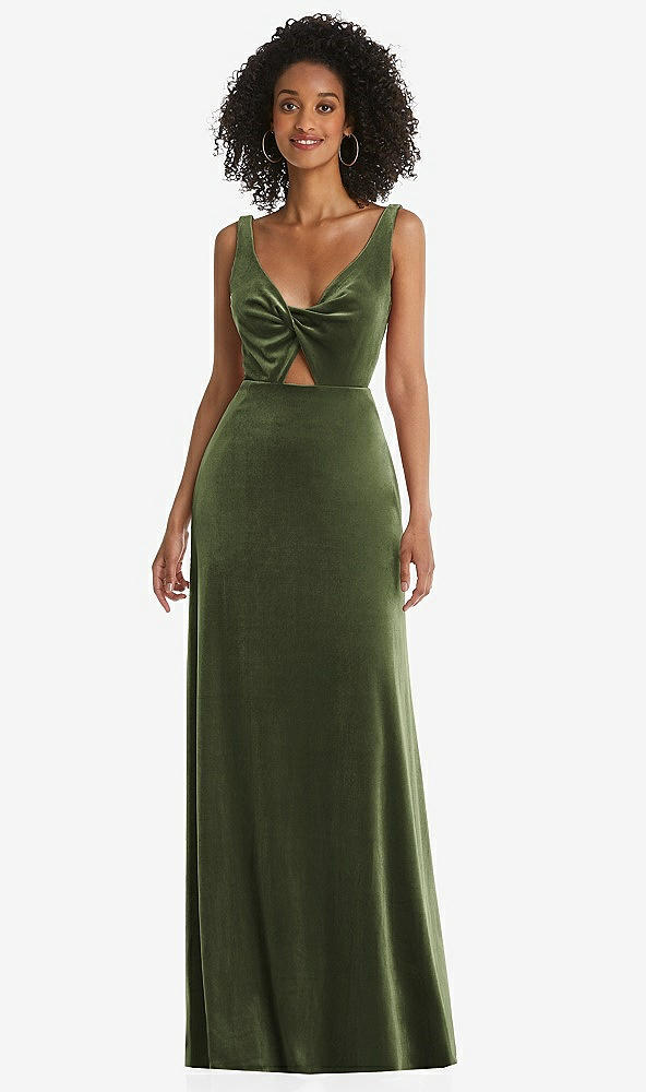 Front View - Olive Green Twist Front Cutout Velvet Maxi Dress - Cameron