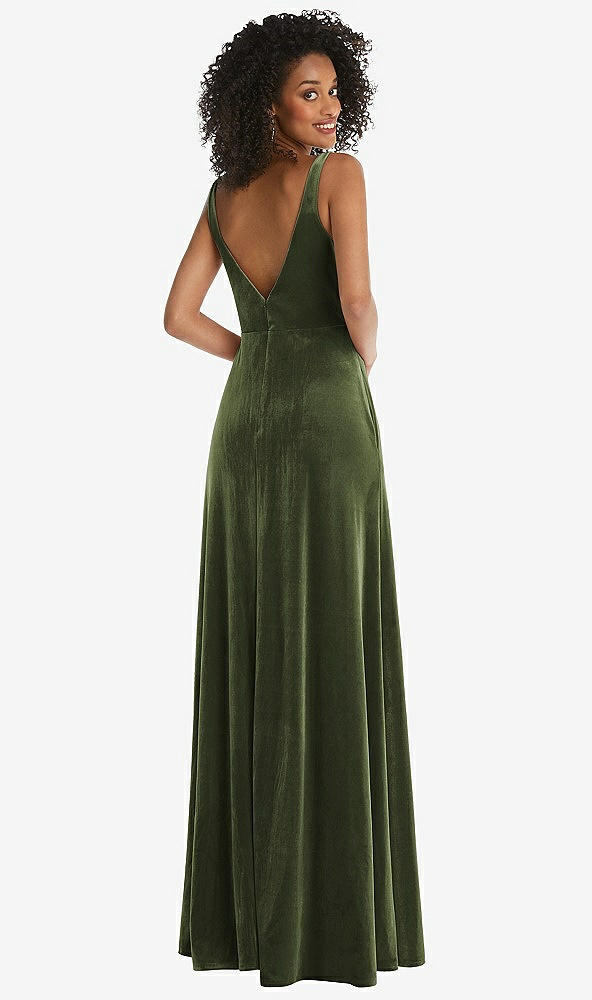 Back View - Olive Green Twist Front Cutout Velvet Maxi Dress - Cameron