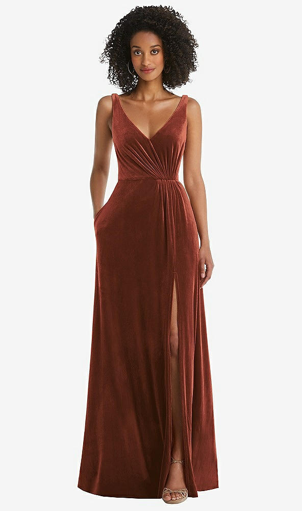 Front View - Auburn Moon Velvet Maxi Dress with Shirred Bodice and Front Slit