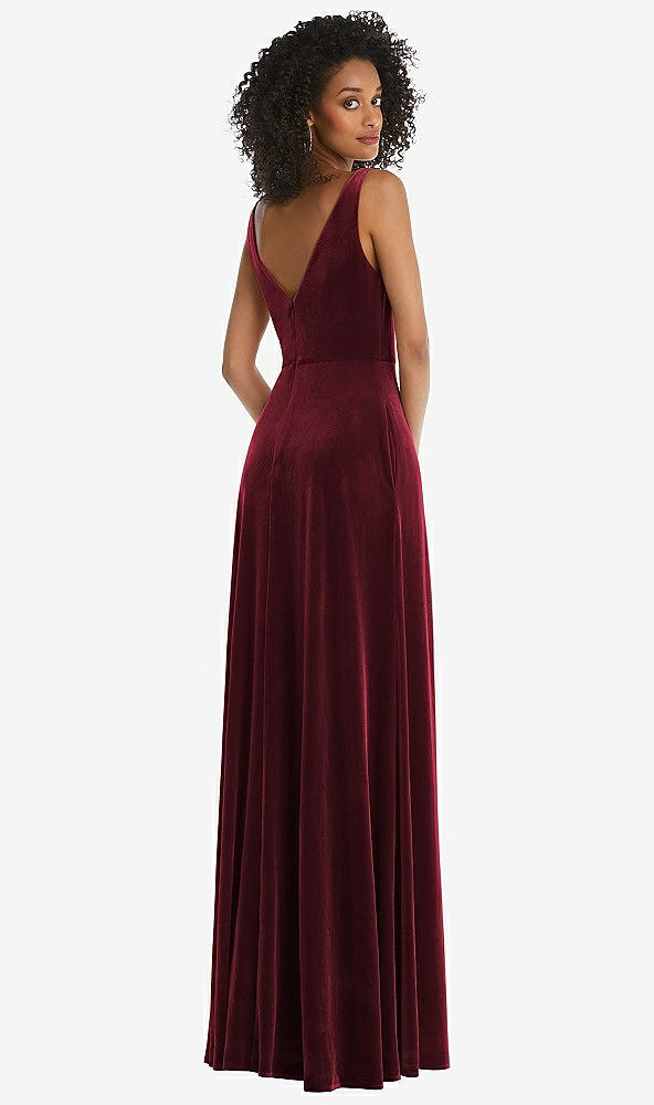 Back View - Cabernet Velvet Maxi Dress with Shirred Bodice and Front Slit