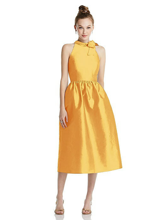 Bowed High-Neck Full Skirt Midi Dress with Pockets