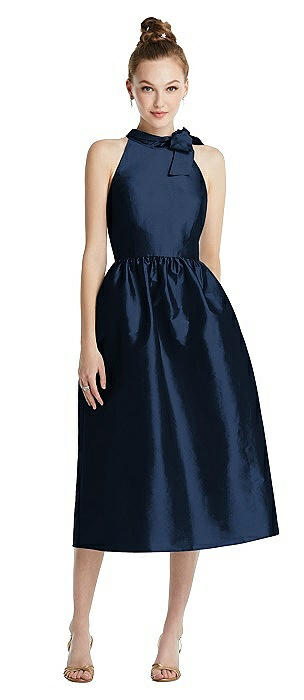 Bowed High-Neck Full Skirt Midi Dress with Pockets