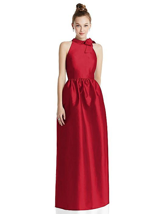 Bowed High-Neck Full Skirt Maxi Dress with Pockets