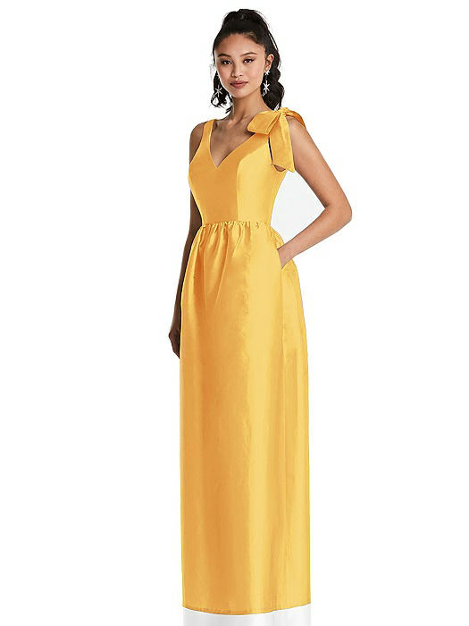 Bowed-Shoulder Full Skirt Maxi Dress with Pockets