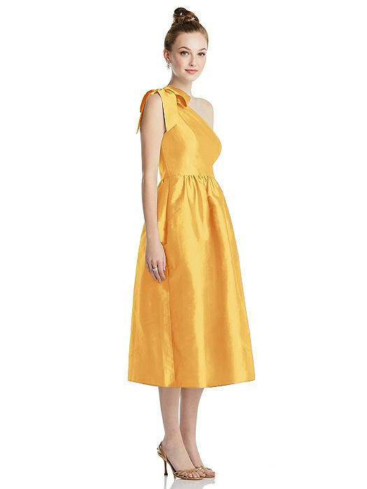 Bowed One-Shoulder Full Skirt Midi Dress with Pockets