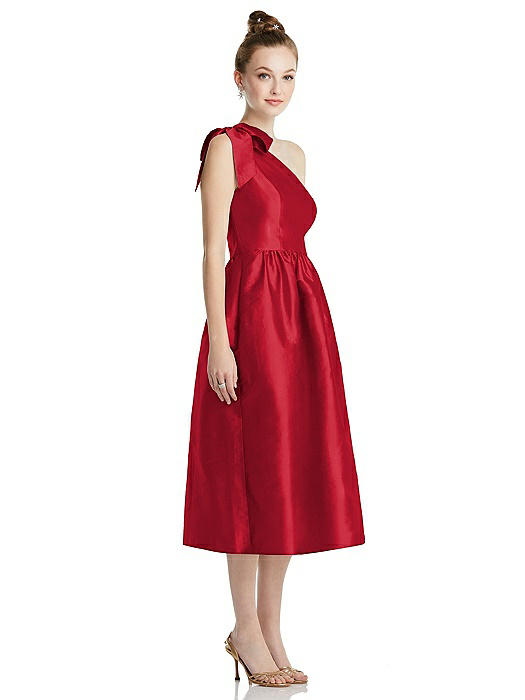 Bowed One-Shoulder Full Skirt Midi Dress with Pockets