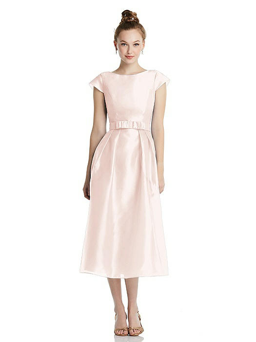 Cap Sleeve Pleated Skirt Midi Dress with Bowed Waist