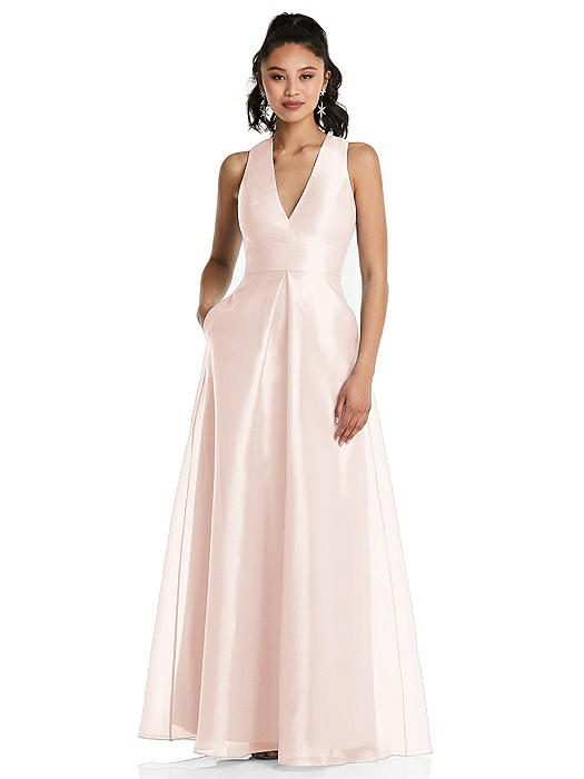 Plunging Neckline Pleated Skirt Maxi Dress with Pockets