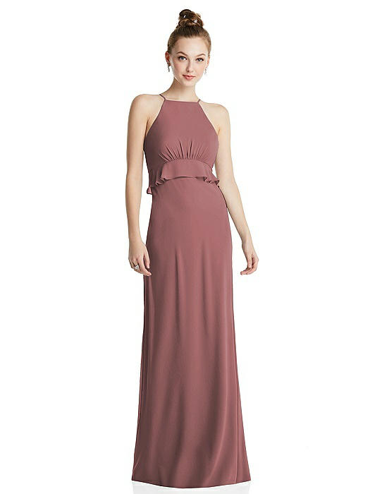 Bias Ruffle Empire Waist Halter Maxi Dress with Adjustable Straps