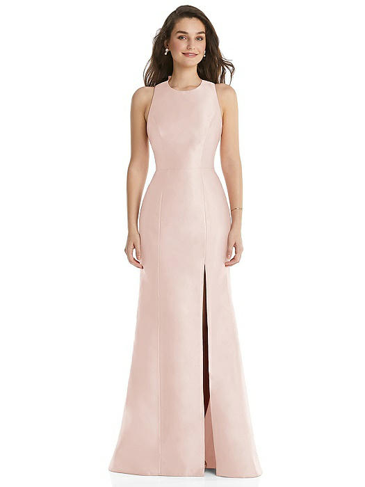 Jewel Neck Bowed Open-Back Trumpet Dress with Front Slit