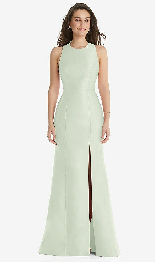 Front View - Mint Green Jewel Neck Bowed Open-Back Trumpet Dress with Front Slit