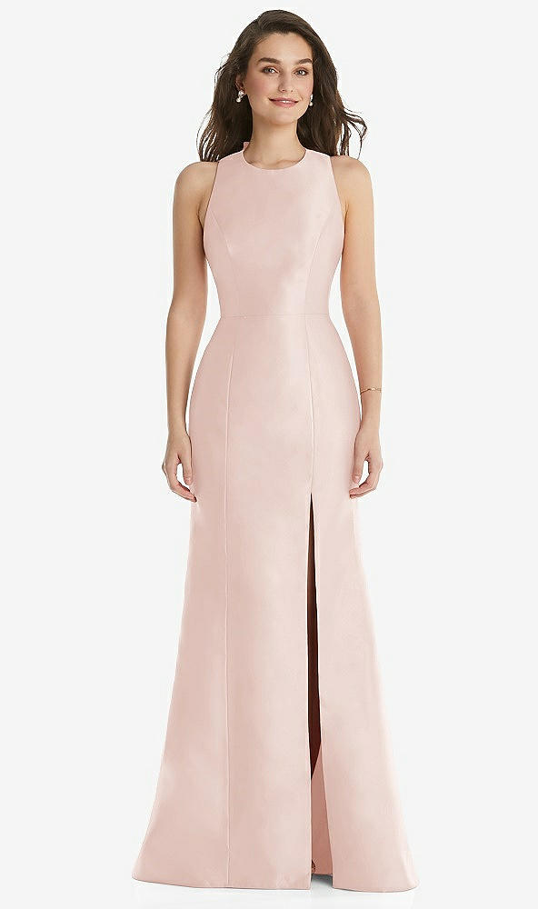 Front View - Blush Jewel Neck Bowed Open-Back Trumpet Dress with Front Slit