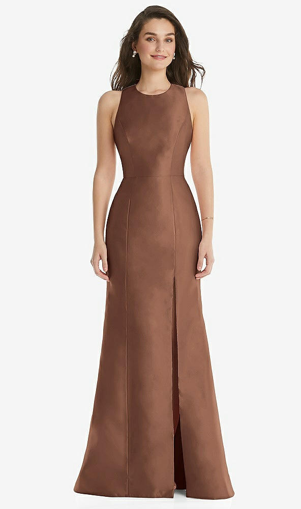 Front View - Cognac Jewel Neck Bowed Open-Back Trumpet Dress with Front Slit