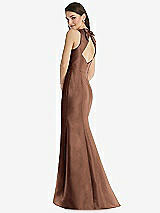 Rear View Thumbnail - Cognac Jewel Neck Bowed Open-Back Trumpet Dress with Front Slit