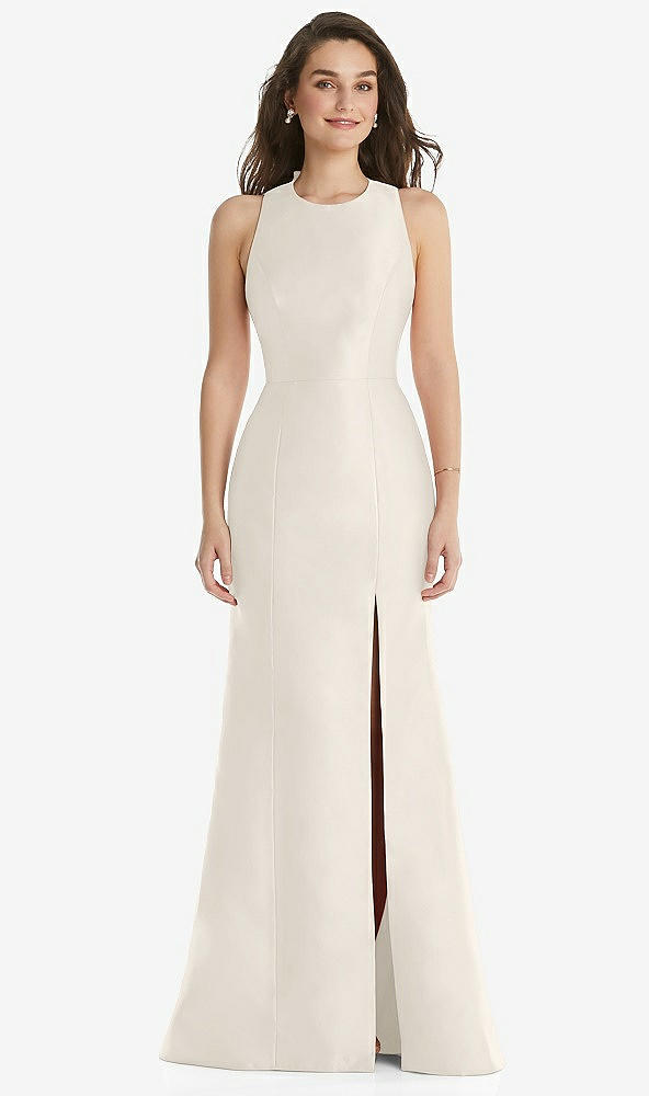 Front View - Ivory Jewel Neck Bowed Open-Back Trumpet Dress with Front Slit