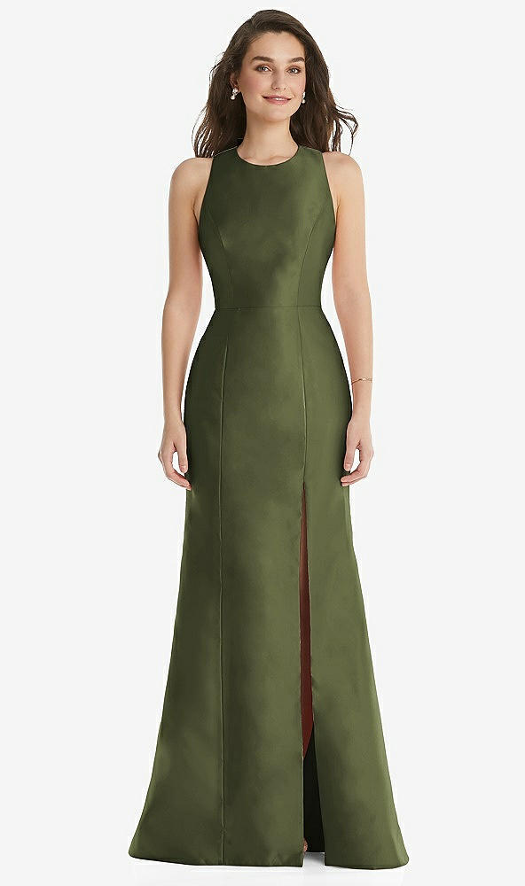 Front View - Olive Green Jewel Neck Bowed Open-Back Trumpet Dress with Front Slit