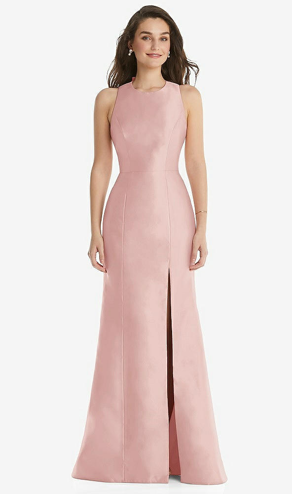 Front View - Rose Jewel Neck Bowed Open-Back Trumpet Dress with Front Slit