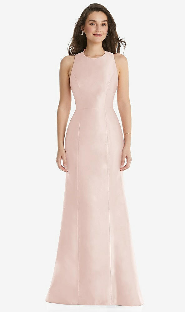 Front View - Blush Jewel Neck Bowed Open-Back Trumpet Dress