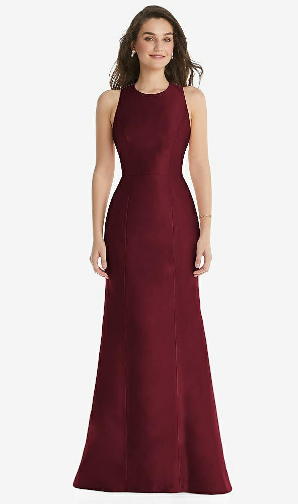 Front View - Cabernet Jewel Neck Bowed Open-Back Trumpet Dress